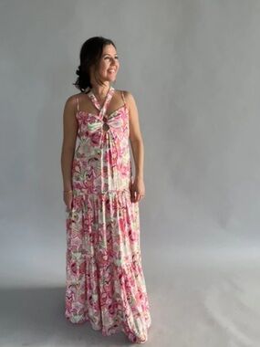 Fate Blanche Pink & Cream Floral Ring-Front Maxi Dress